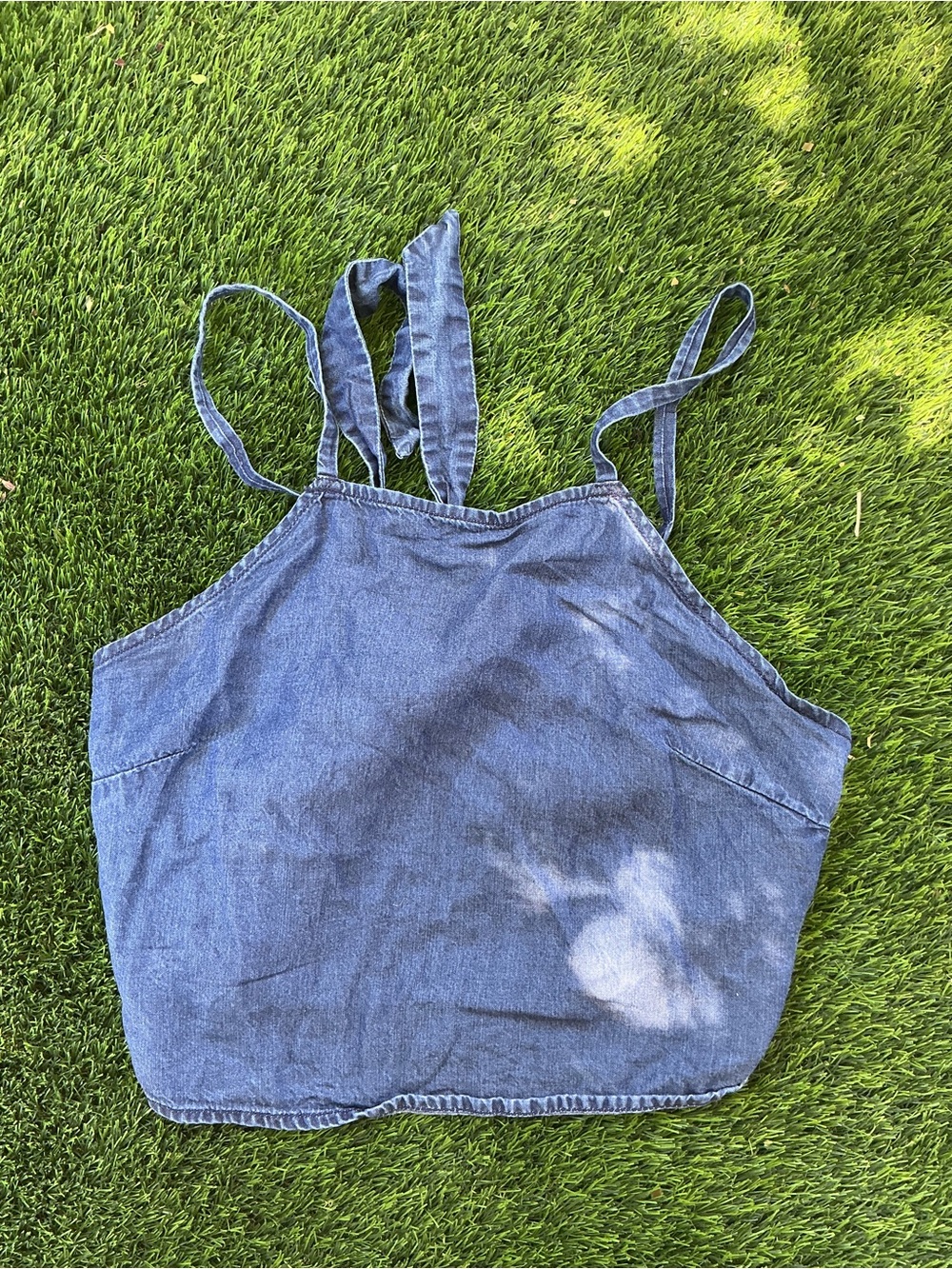 Express Denim Halter Crop Top - Blue